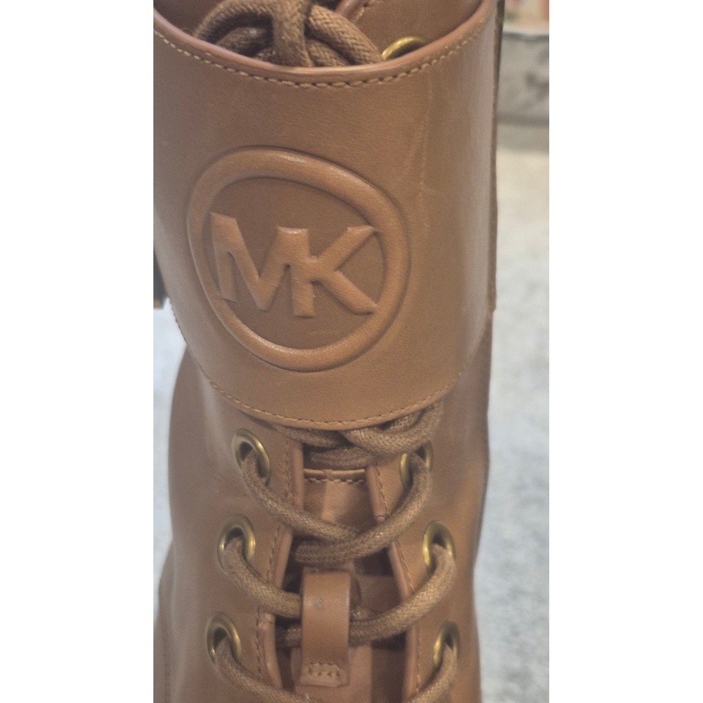 Michael Kors Brown Leather Combat Boots Lug Sole Moto Buckle Side Zip Women 7.5 - Picture 5 of 16